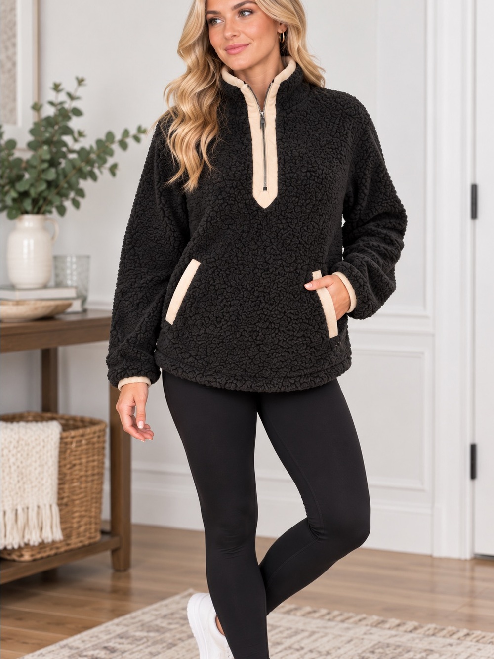 Black Sherpa Half-Zip Pullover with blush Contrast Trim
